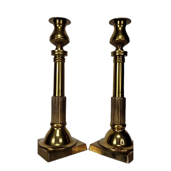 Vintage 60s 70s MCM Heavy Solid Brass Gold Tapered Candle Holders Made In Japan - Picture 5 of 12